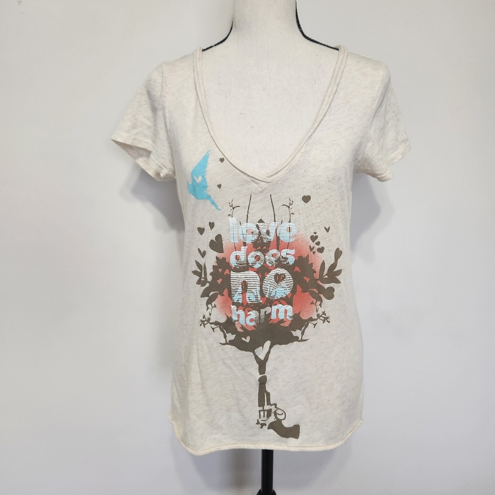 Old Navy Y2K "Love Does No Harm" Top Tree Graphic Tee Rolled Edge V- Neck Med.